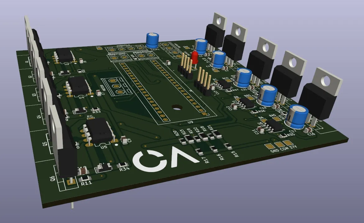 KiCad 3D render of the controller board, six TO-220 power devices along the edges and the module header through the middle
