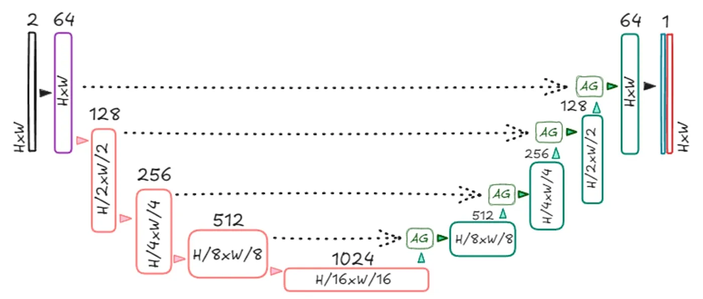 U-Net topology with four encoder blocks, four decoder blocks and attention gates on each skip connection