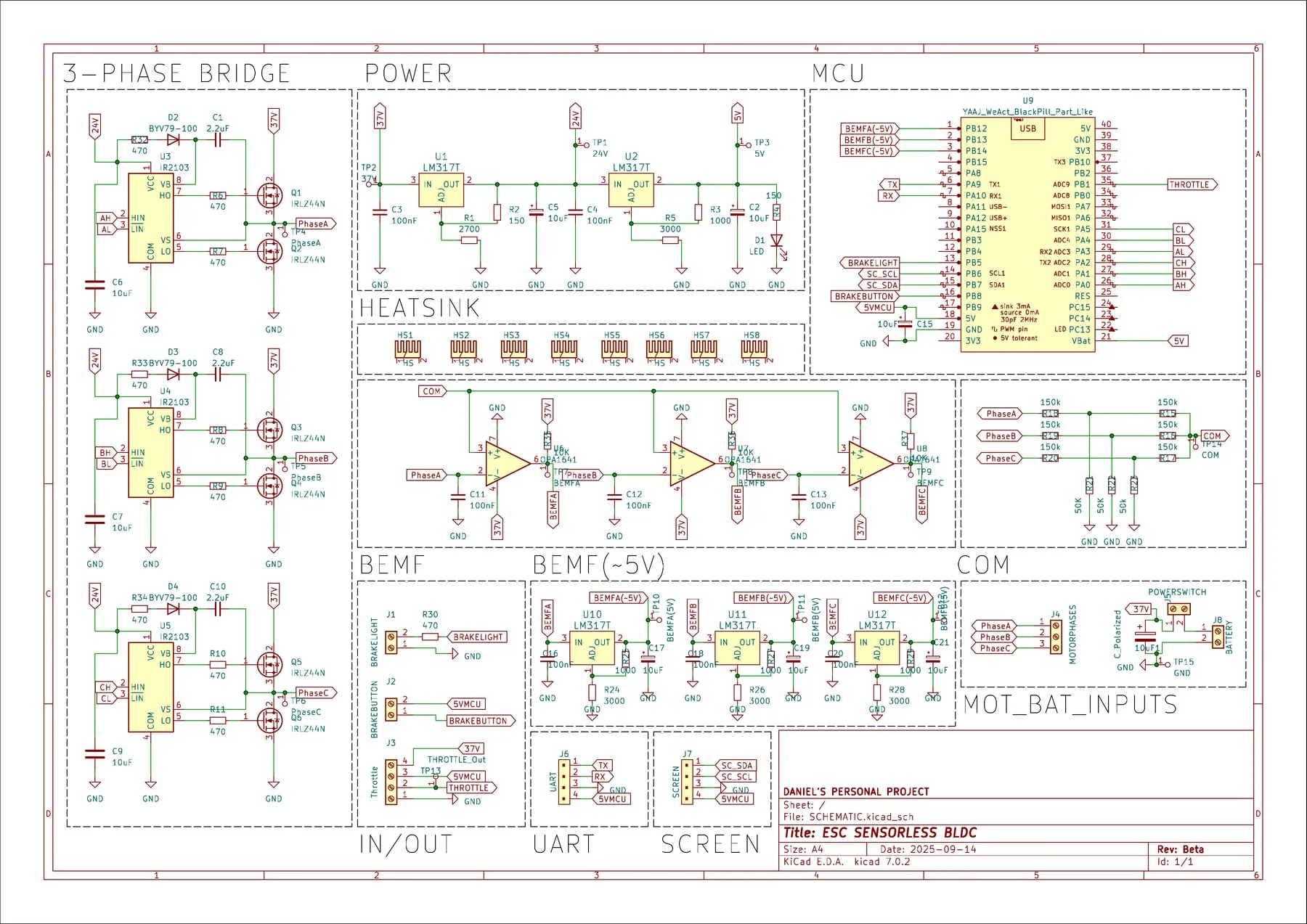 Full KiCad schematic sheet with bridge, power, back-EMF, microcontroller and connector blocks