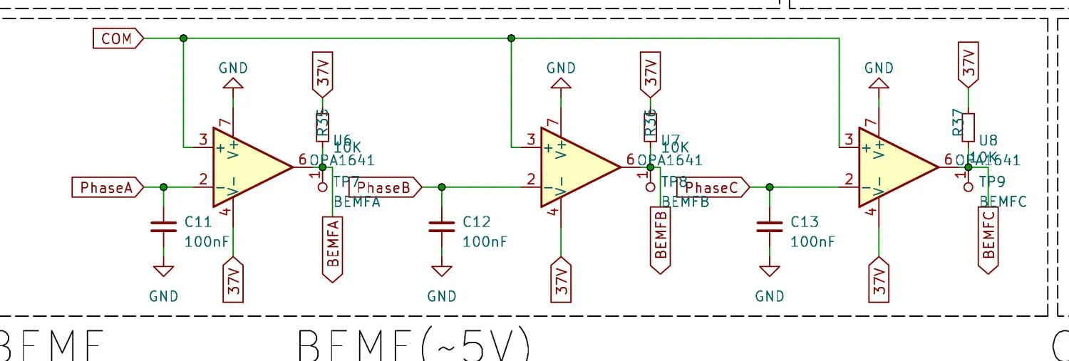 Schematic detail of three op-amp comparators taking each motor phase against a common virtual neutral