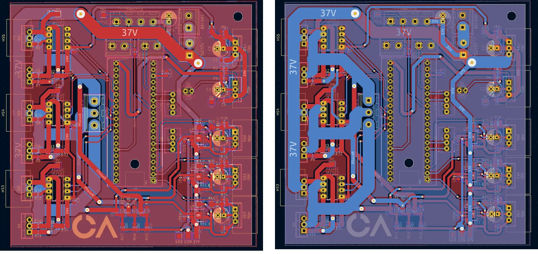 Top and bottom copper layers of the two-layer board with wide poured power nets